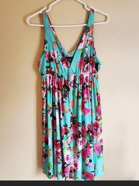 Aqua Floral V-Neck Mini Sundress with Pink Rose Print